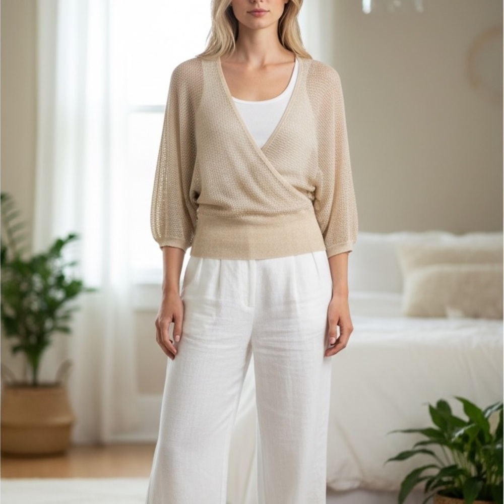 Cache Gold Shimmer Sheer Knit V-Neck Sweater Open Knit Top Size M